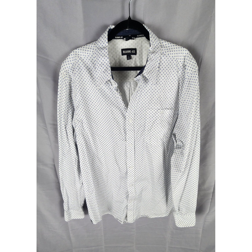 Rank 45 Mens Large White Blue Geometric Print Long Sleeve Button Down Shirt